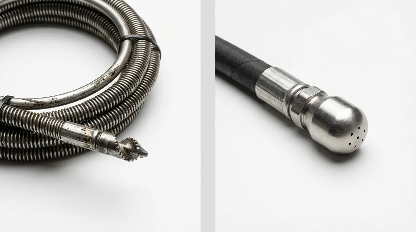 Drain snake cable and hydro jetting nozzle used for drain cleaning in Eureka, NV