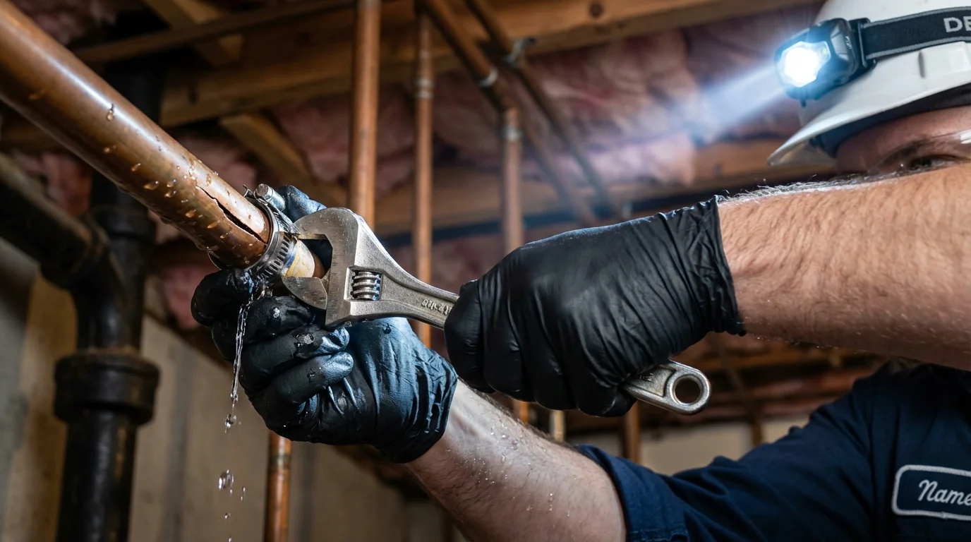 Emergency pipe clamp repair being performed by a Johns Plumbing LLC plumber in Eureka