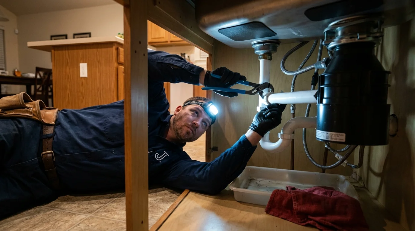 P-trap and supply line connections under a kitchen sink showing a common leak point in Eureka, NV